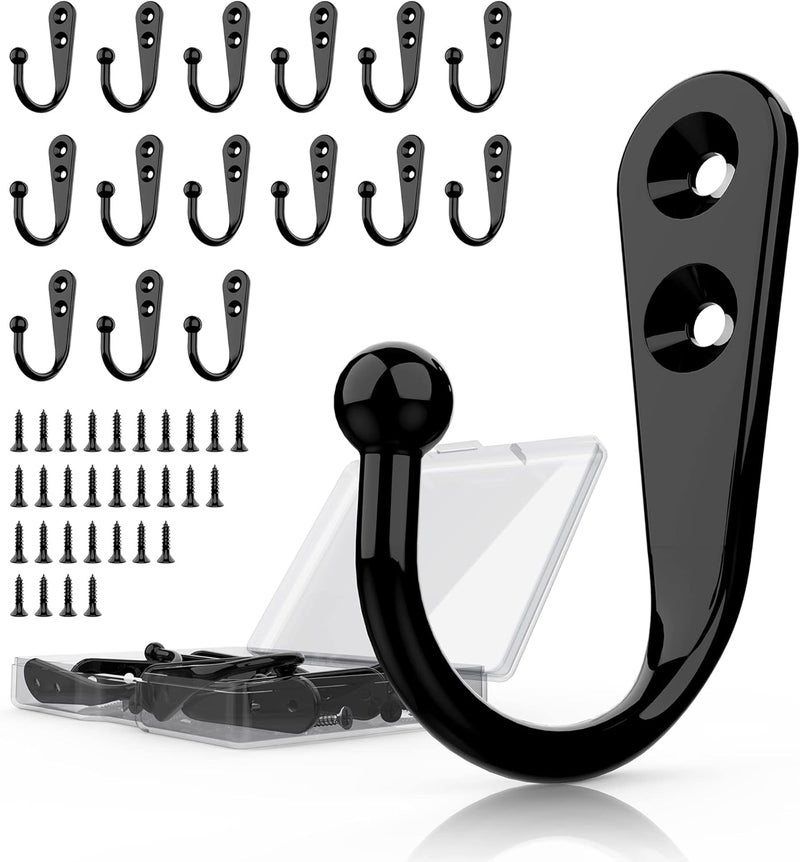 PRIGVOT 15 Pcs Black Wall Mounted Coat Hooks, Hanger Hook with 30 Pieces Screws for Towel, Key, Robe, Scarf, Bag, Cap, Coffee Cup, Mugs - Image 1